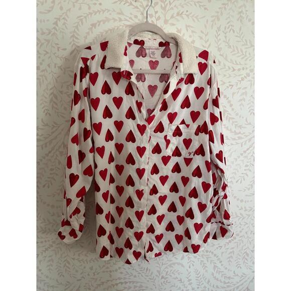Victoria's Secret Heart Print Button-Up Sherpa Lined PJ Set - Picture 1 of 8
